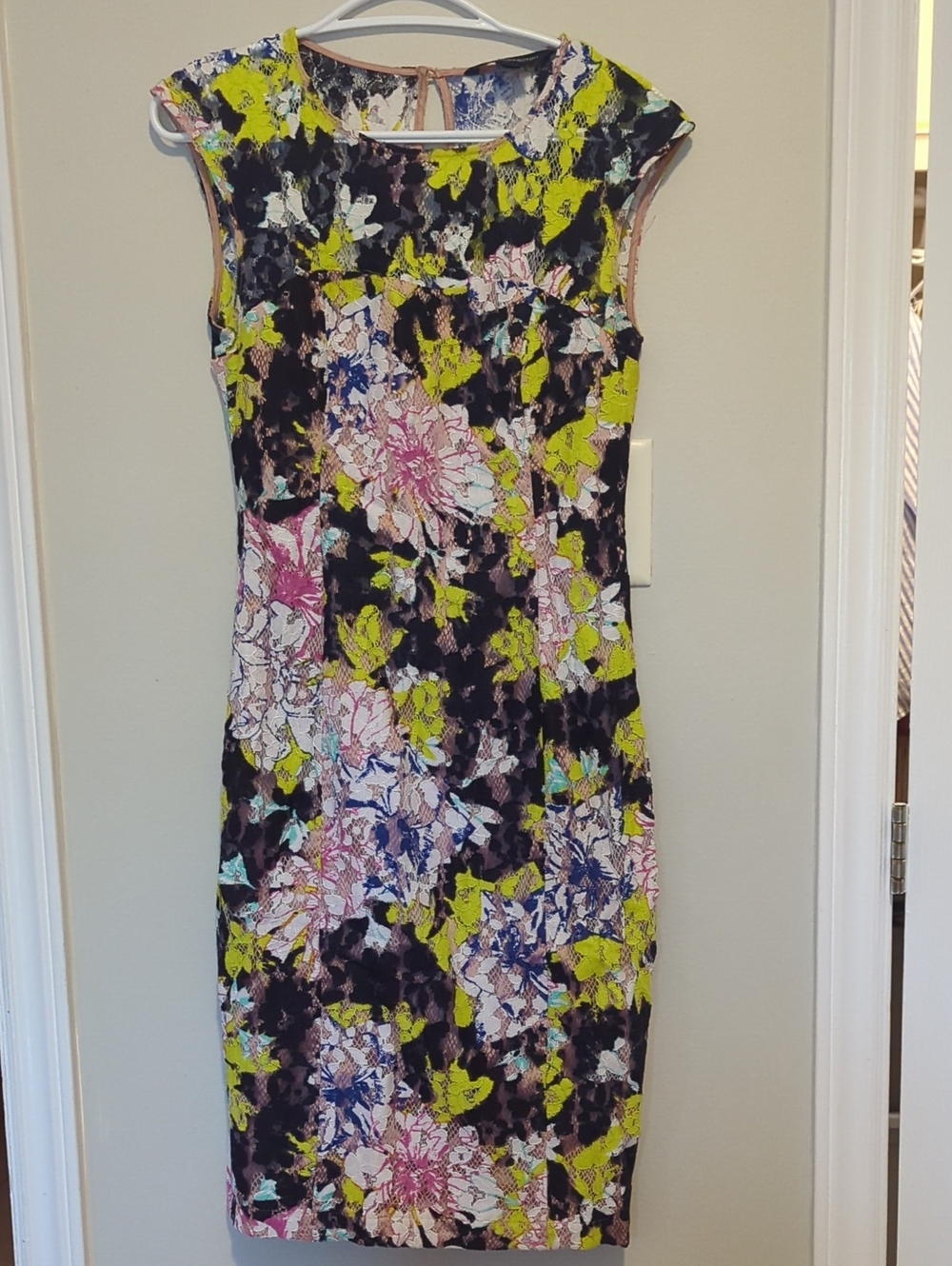 French Connection Floral Midi Dress in Black, Pink & Lime